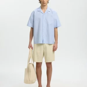 CAMICIA SELECTED OXFORD A RIGHE CELESTE